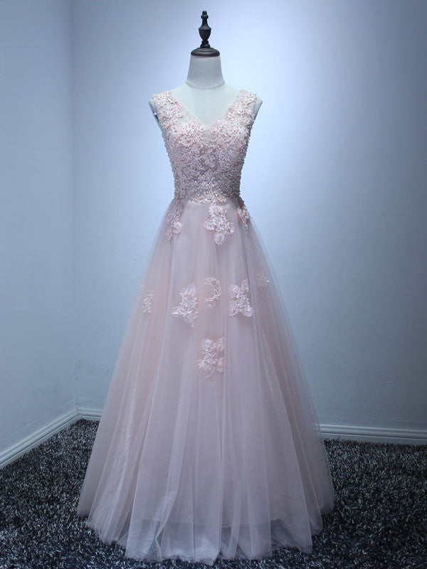 Pink V Neck Lace Floor Length Bridesmaid Dress