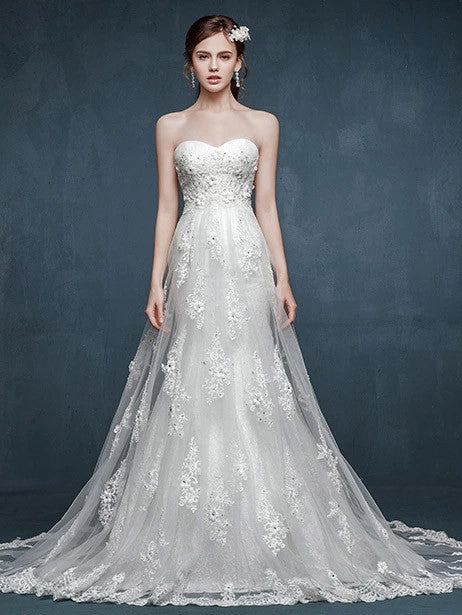 Whimsical Strapless Lace Wedding Dress