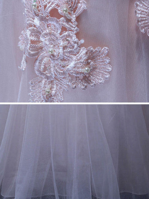 Pink V Neck Lace Floor Length Bridesmaid Dress