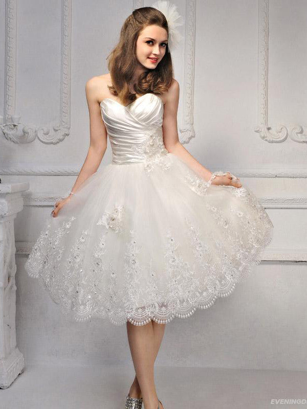 Short Strapless Knee Length Lace Wedding Dress 