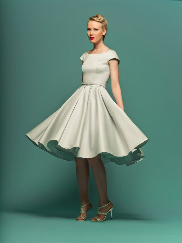 Retro Knee Length Modest Satin Wedding Dress with Short Sleeves