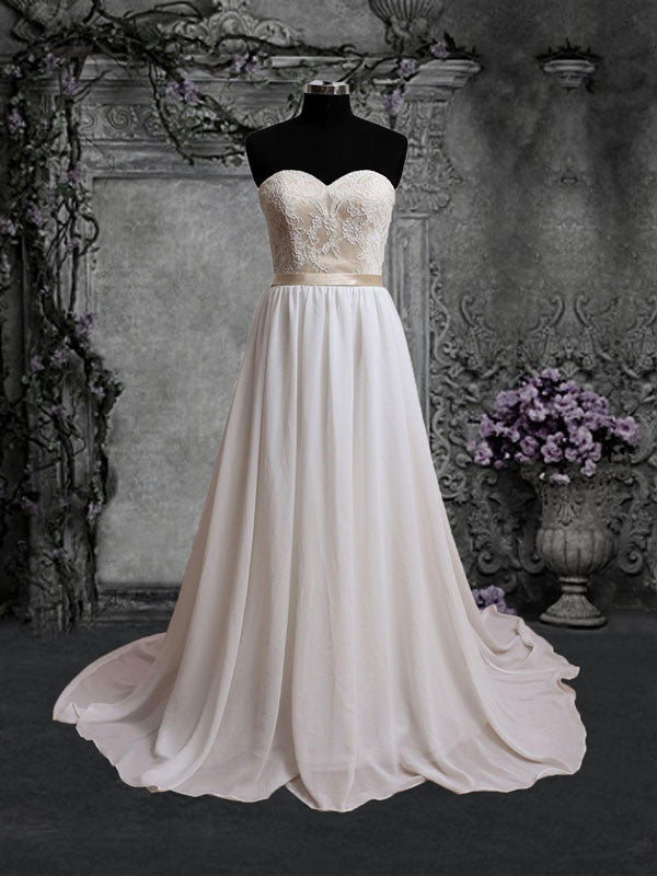 Strapless Champagne Lace Chiffon Wedding Dress | BS2002