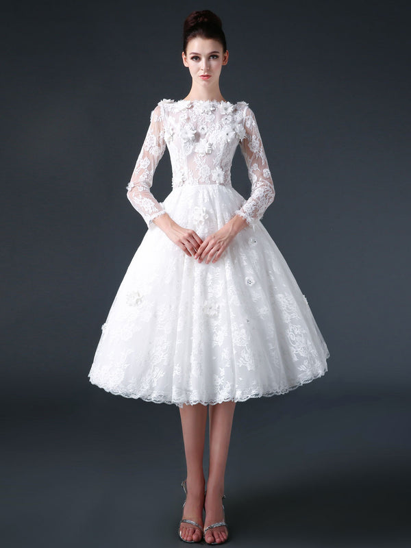 Short Knee Length Modest Lace Wedding Dress with Flowers