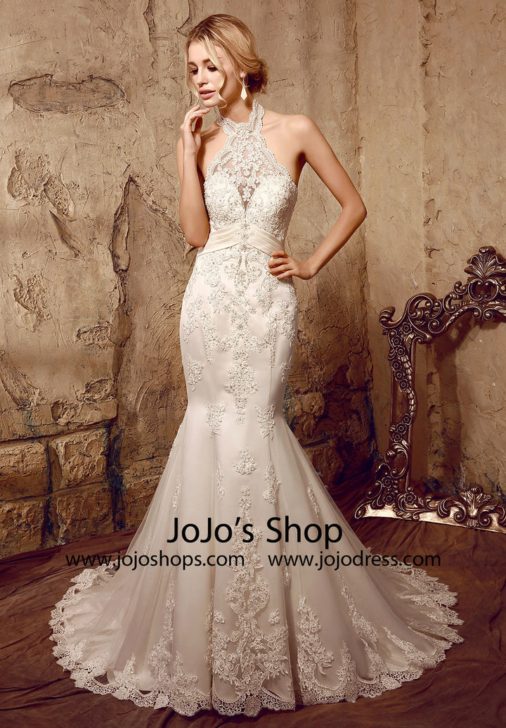 Halter Chantilly Lace Mermaid Wedding Dress | HL1002