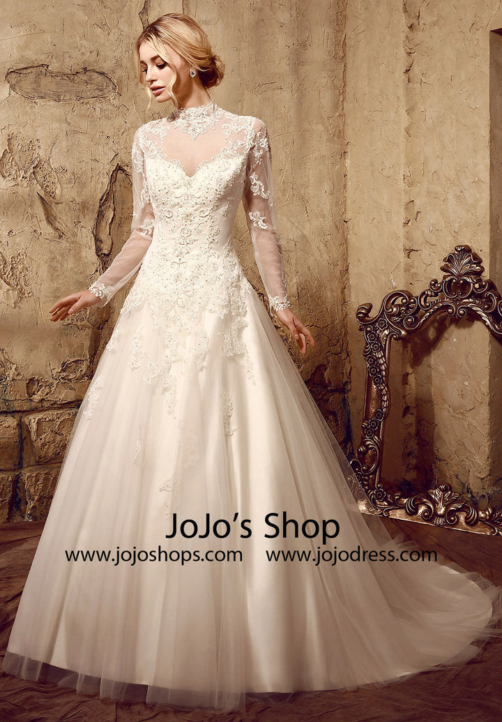 Modest Lace Ball Gown Wedding Dress with Long Sleeves | HL1010