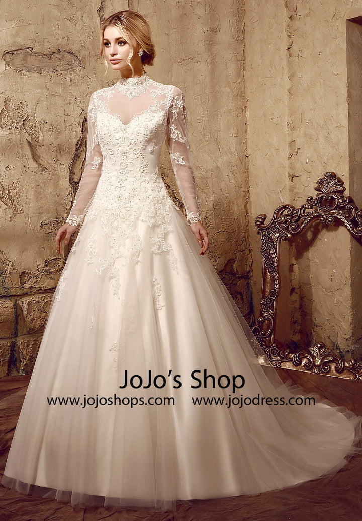 Modest Lace Ball Gown Wedding Dress with Long Sleeves | HL1010