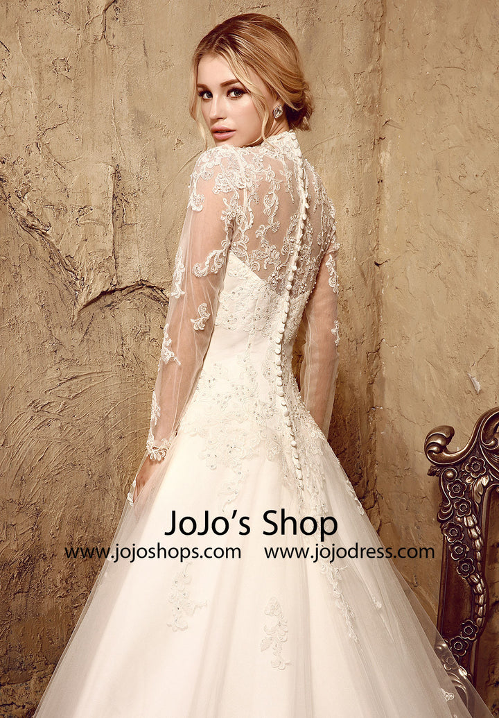 Modest Lace Ball Gown Wedding Dress with Long Sleeves | HL1010