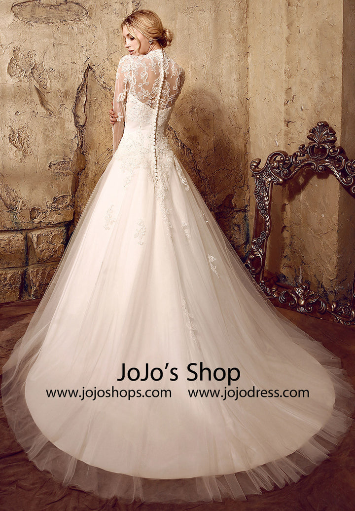 Modest Lace Ball Gown Wedding Dress with Long Sleeves | HL1010