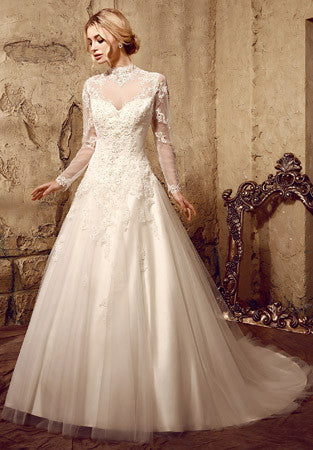 Modest Lace Ball Gown Wedding Dress with Long Sleeves | HL1010