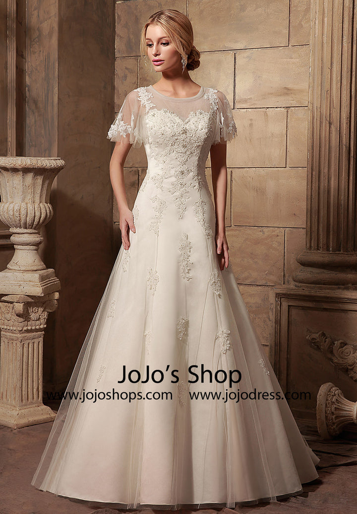 Vintage Style Modest Lace Wedding Dress with Butterfly Sleeves | HL1012