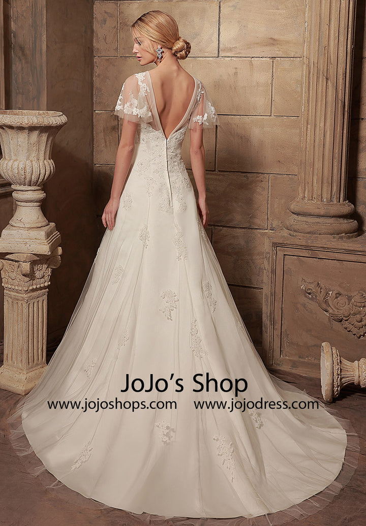 Vintage Style Modest Lace Wedding Dress with Butterfly Sleeves | HL1012