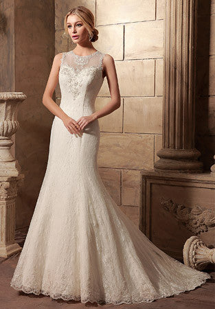 Vintage Style Lace Mermaid Wedding Dress with Illusion Neckline | HL1017