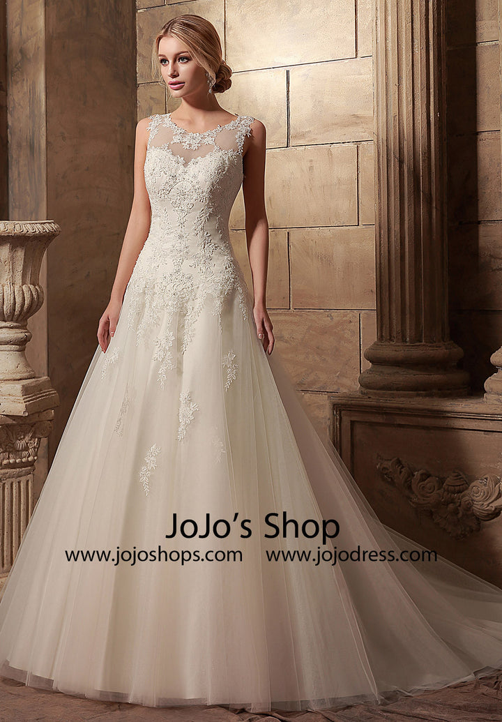 Jewel Neck A-line Lace Wedding Dress | HL1023