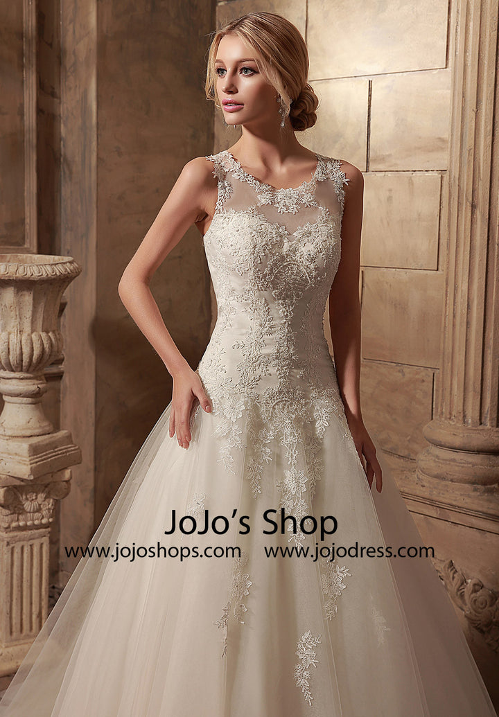 Jewel Neck A-line Lace Wedding Dress | HL1023