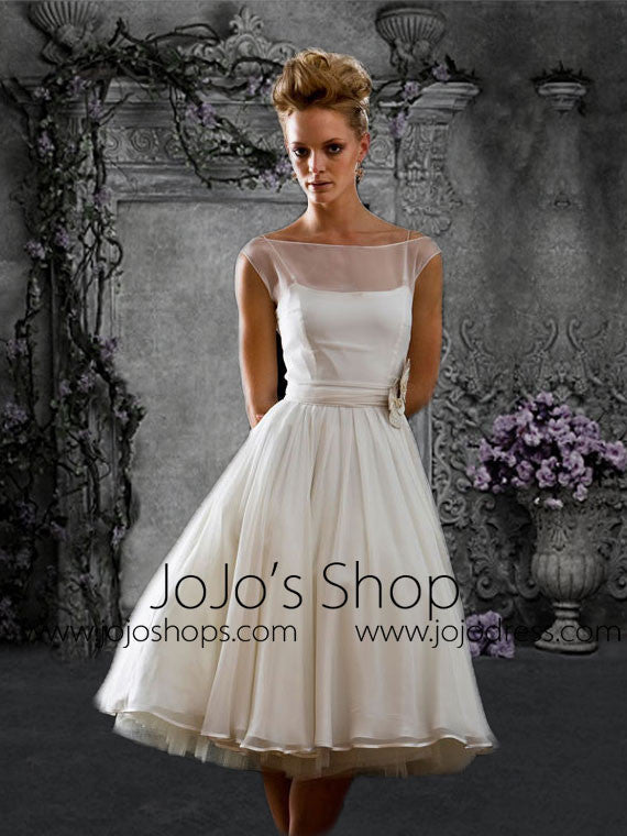 chiffon tea length wedding dress Beaded Bodice Tea-Length Wedding Dress V-Neck Chiffon A-Line Beach Bridal Gown