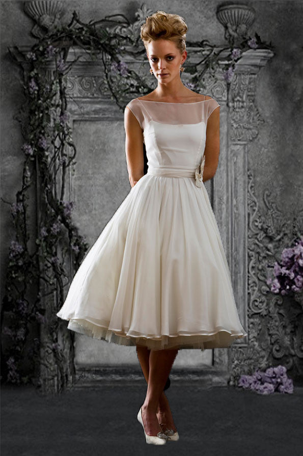 Retro Modest Chiffon Tea Length Wedding Dress Reception Dress