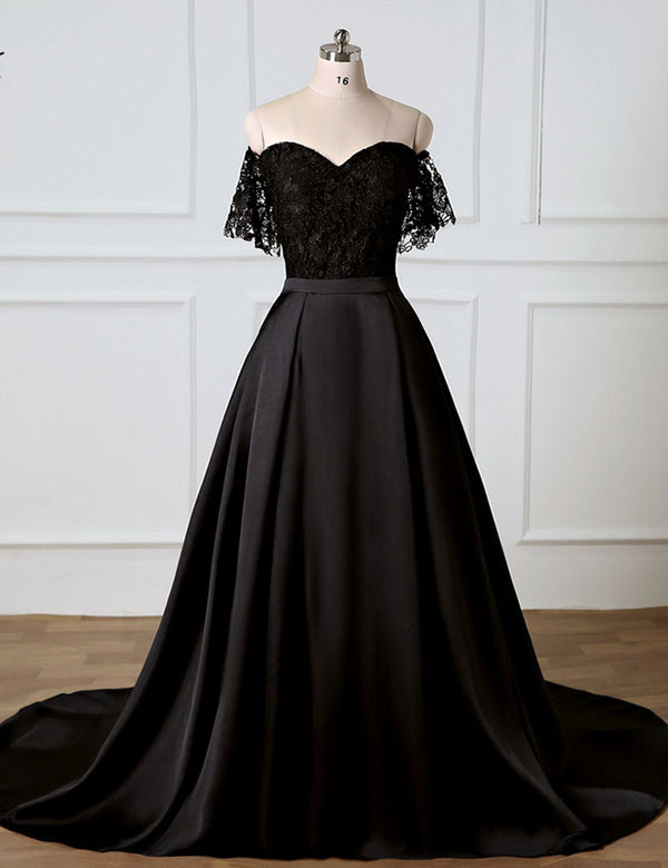 Black Off the Shoulder Wedding Dress with Lace Top ET3031