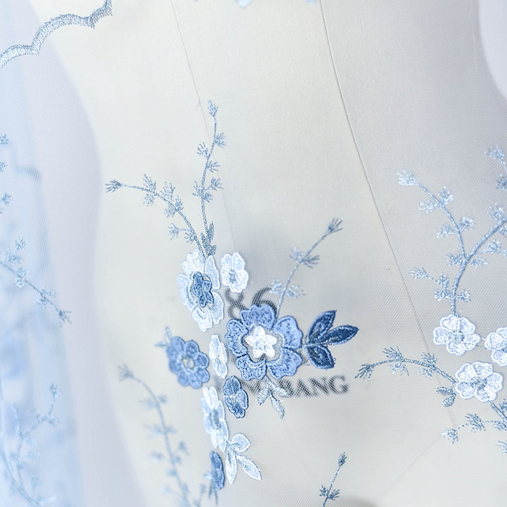 Blue Embroidered Floral Lace Fabric LC1002