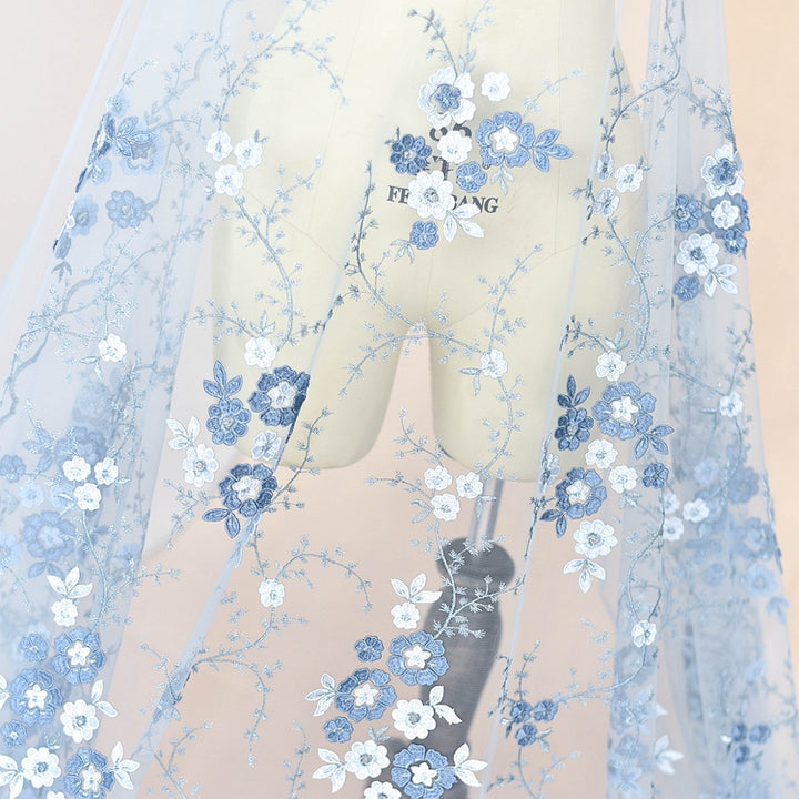Blue Embroidered Floral Lace Fabric LC1002