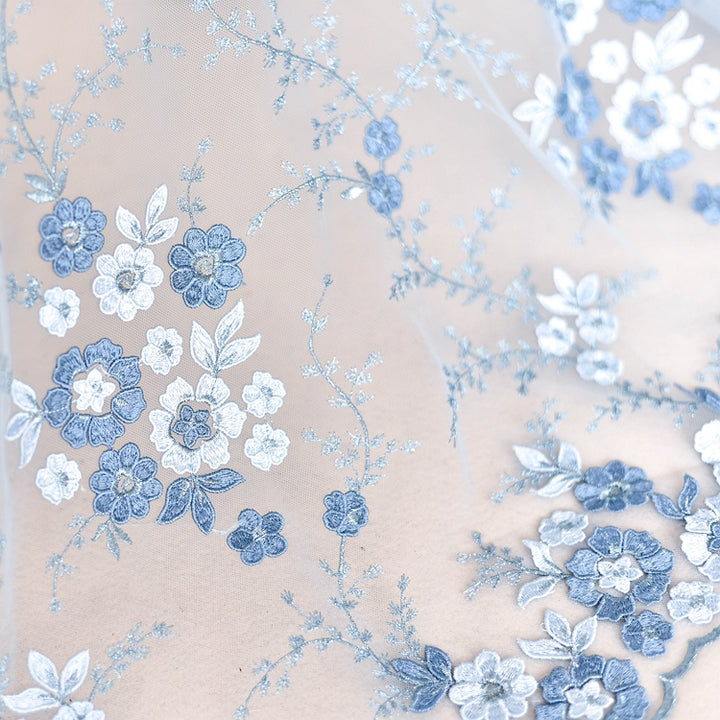 Blue Embroidered Floral Lace Fabric LC1002