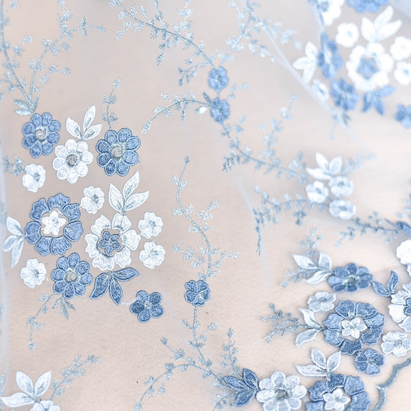 Blue Embroidered Floral Lace Fabric LC1002