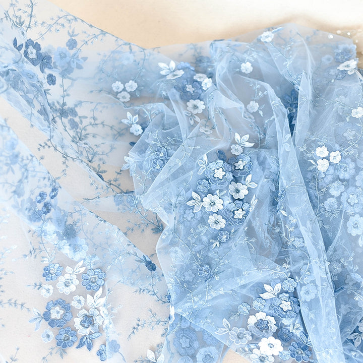 Blue Embroidered Floral Lace Fabric LC1002