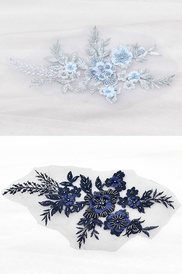 Navy Blue Floral Applique with Beadings LA1001