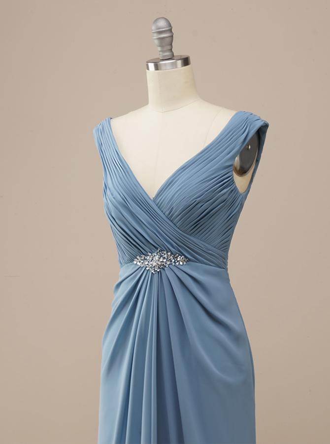 Grecian Blue V Neck Chiffon Bridesmaid Dress BM225