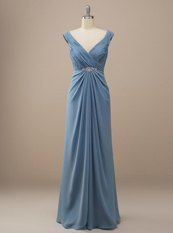 Grecian Blue V Neck Chiffon Bridesmaid Dress BM225