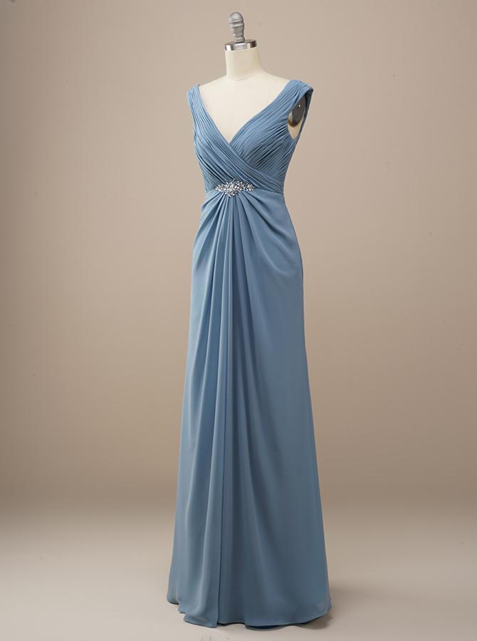 Grecian Blue V Neck Chiffon Bridesmaid Dress BM225