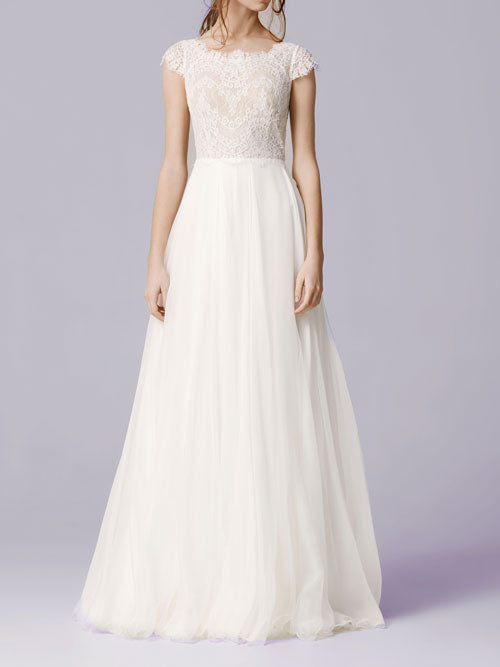Boho Chiffon Lace Wedding Dress with Cap Sleeves