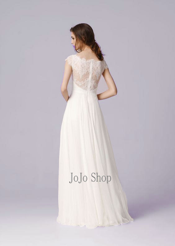 Boho Chiffon Lace Wedding Dress with Cap Sleeves