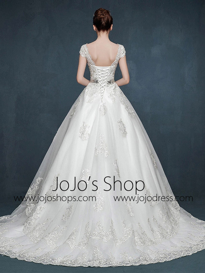 Cap Sleeves Lace A-line Wedding Dress with V Neck