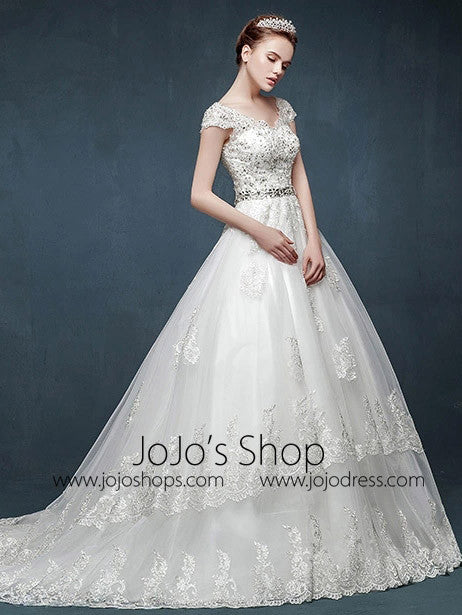 Cap Sleeves Lace A-line Wedding Dress with V Neck