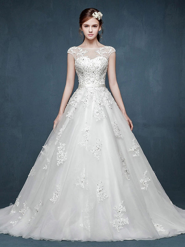 Cap Sleeves Lace A-line Wedding Dress with Illusion Neckline