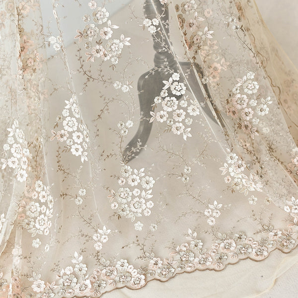 Champagne Embroidered Floral Lace Fabric LC1002