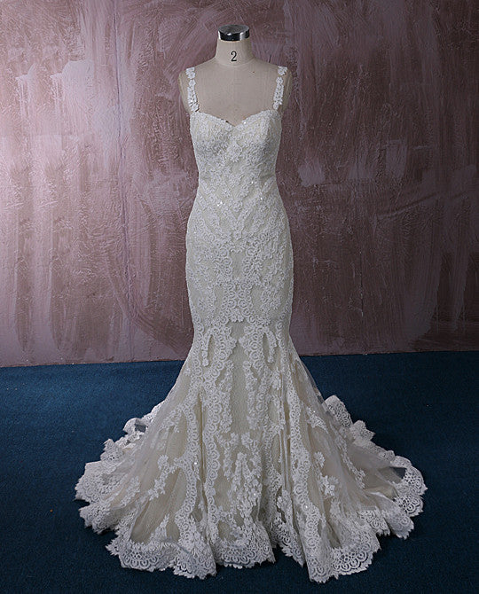 Champagne Lace Mermaid Wedding Dress with Floral Lace Straps | QT815008