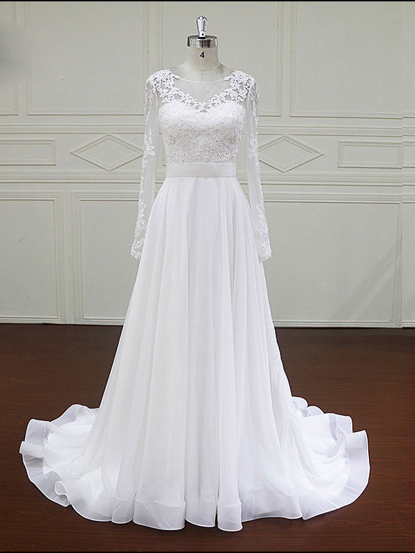 Long Sleeves Lace Wedding Dress with Chiffon Skirt | BB004