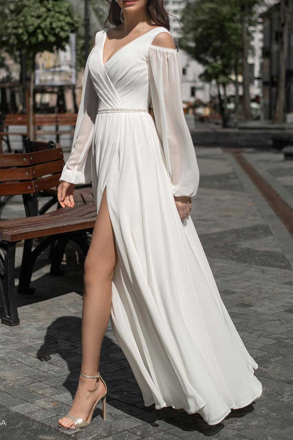 Long Maxi Chiffon Wedding Dress with Side Slit ET3039Long Maxi Chiffon Wedding Dress with Side Slit ET3039