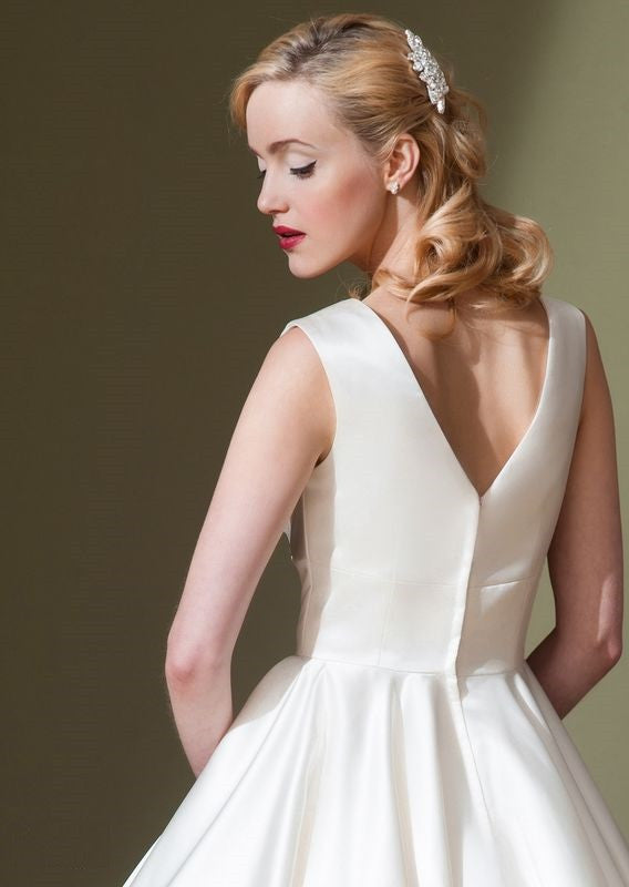 Retro 50s Tea Length V Neck Satin Wedding Dress