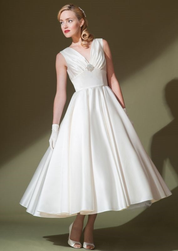 Retro 50s Tea Length V Neck Satin Wedding Dress