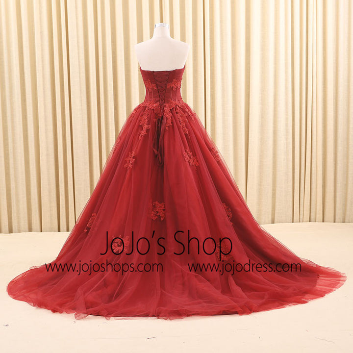 wedding dresses dark red Strapless Tiered Ball Gown Prom Dress Ruffled Lace Dr Viniodress making it a true work of art Dark Red Ball Gown Lace