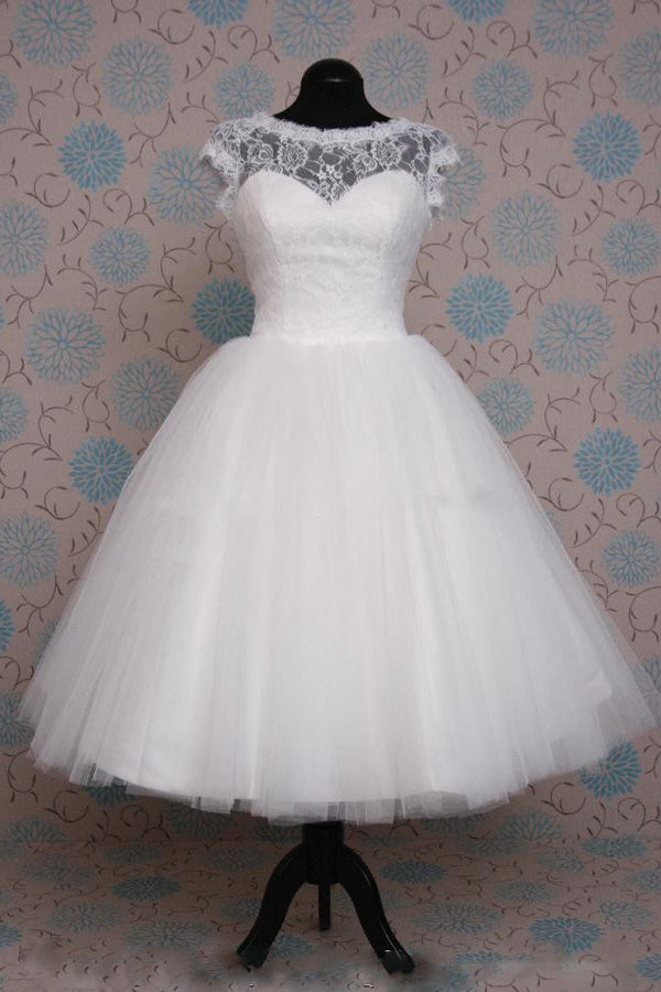 Retro Tea Length Modest Lace Wedding Dress