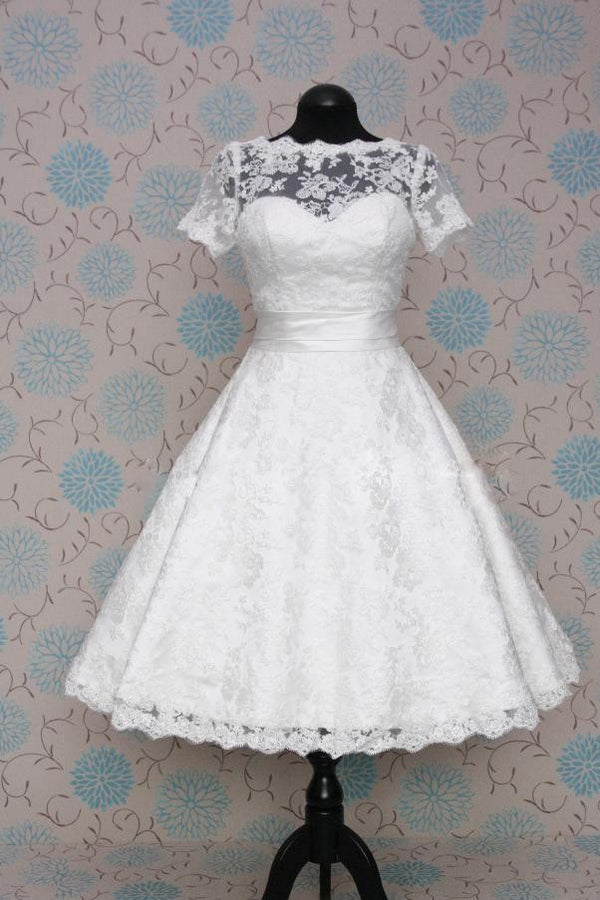 Modest Lace Tea Length Wedding Dress with Short Sleeves