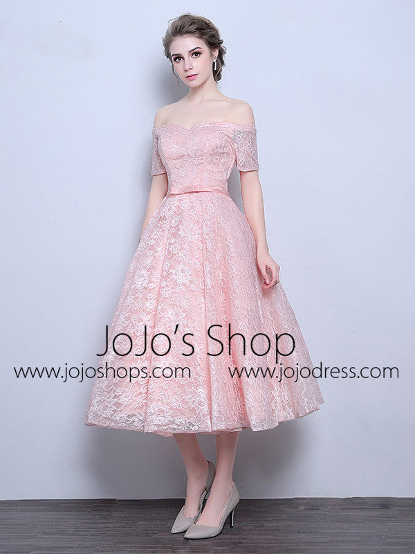 Pink Strapless Off Shoulder Tea Length Wedding Dress DV3016