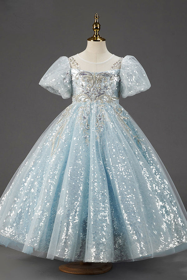 Sparkly Ice Blue Girls Ball Gown Dress CL2004