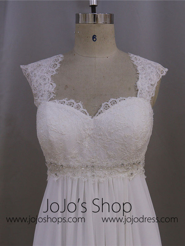 Elegant Chiffon Wedding Dress with French Lace Cap Sleeves | BB001