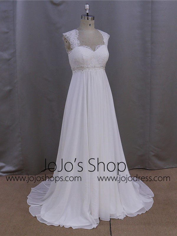 Elegant Chiffon Wedding Dress with French Lace Cap Sleeves | BB001