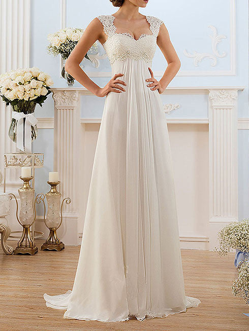 Elegant Chiffon Wedding Dress with French Lace Cap Sleeves | BB001