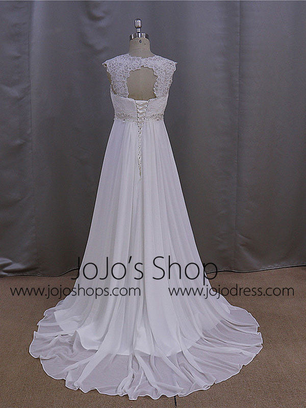 Elegant Chiffon Wedding Dress with French Lace Cap Sleeves | BB001